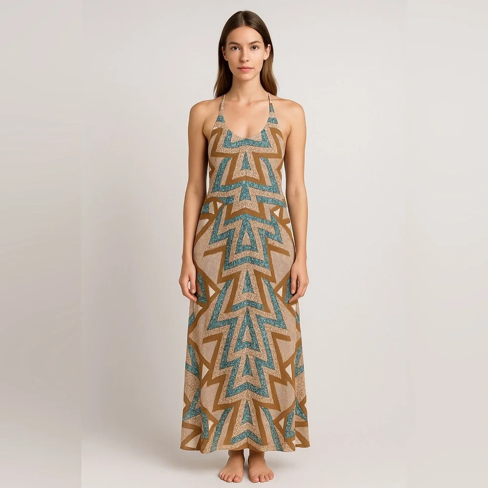 Free People Womens M Halter Maxi Dress Geometric Print‎ Boho Festival Resort